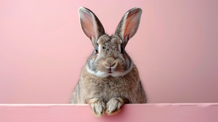 Obraz premium Cute bunny holding a blank white banner.