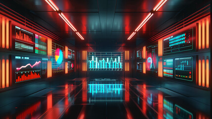 A sleek, minimalist office space with multiple content plates showcasing chart data comparison, rendered in a retro futuristic style. Ai generated