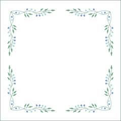 Green vegetal ornamental frame with leaves and blue flowers, decorative border, corners for greeting cards, banners, business cards, invitations, menus. Isolated vector illustration.	
