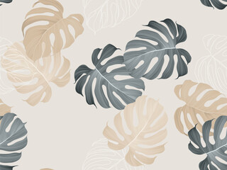 Foliage seamless pattern, colorful Monstera Deliciosa leaves on light grey
