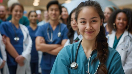 A young female nursing student, surrounded by a diverse group of medical students and doctors, all wearing scrubs and stethoscopes, genuine photojournalism. Ai generated