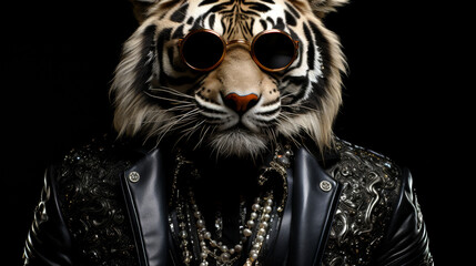 A tiger wearing sunglasses and a leather jacket