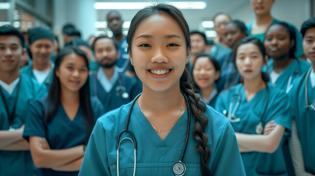 A young female nursing student, surrounded by a diverse group of medical students and doctors, all wearing scrubs and stethoscopes, genuine photojournalism. Ai generated