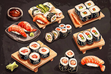 Different sushi sets on dark background