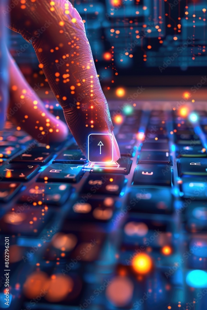 Poster person typing on computer keyboard with glowing dots, suitable for technology concepts