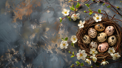 eggs in a nest white flower green leaves woden box colour full background