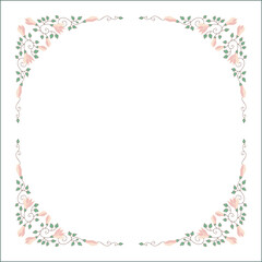 Green vegetal ornamental frame with leaves and pink flowers, decorative border, corners for greeting cards, banners, business cards, invitations, menus. Isolated vector illustration.	
