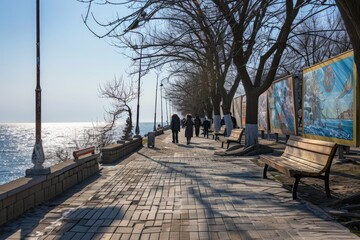 A group of people walking down a sidewalk next to a body of water. Suitable for travel and leisure concepts