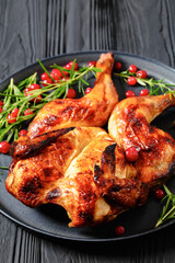 butterflied, spatchcock roast chicken on a plate