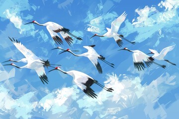 Naklejka premium A flock of birds soaring through a clear blue sky. Perfect for nature or freedom concepts