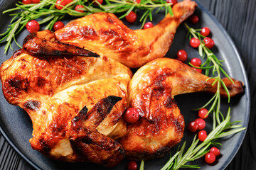 butterflied, spatchcock roast chicken on a plate