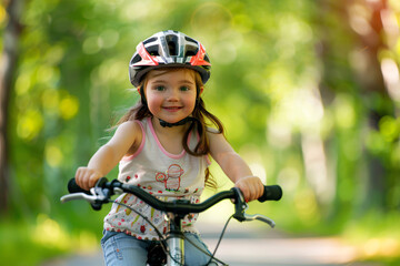 little girl riding bike in summer park