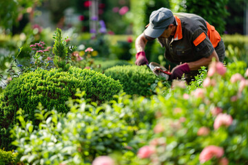 male gardener pruning bushes in summer garden or park