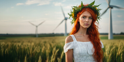 Beautiful woman on wheat field on the background of electric windmills, copy space