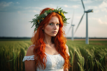 Beautiful woman on wheat field on the background of electric windmills, copy space