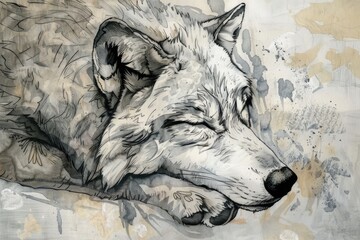 A realistic drawing of a wolf peacefully sleeping on the ground. Suitable for wildlife or nature themes