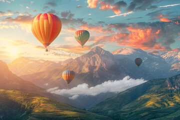 colorful hot air balloons soaring over beautiful mountains view