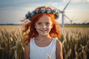 Little joyful girl in a beautiful dress on a wheat field, copy space