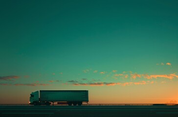 A cargo truck driving on a highway road during sunset, showcasing transportation and logistics in a side view perspective - obrazy, fototapety, plakaty