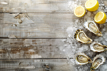fresh oysters on ice over wooden table background with copy space