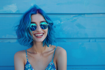 young beautiful woman with blue hair in blue sunglasses and blue dress over blue background with copy space