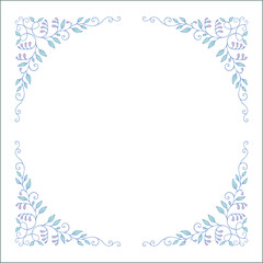 Blue round vegetal ornamental frame with leaves and pink flowers, decorative border, corners for greeting cards, banners, business cards, invitations, menus. Isolated vector illustration.