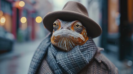 Chic chameleon blends into cityscape in tailored elegance, embodying street style. The realistic urban backdrop captures the reptilian charm seamlessly merged with contemporary fashion allure, creatin