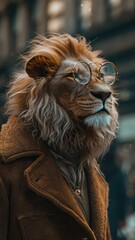 Regal lion roams urban streets in refined attire, epitomizing street style. The realistic city backdrop frames this majestic feline, seamlessly blending wild majesty with contemporary fashion in a cap