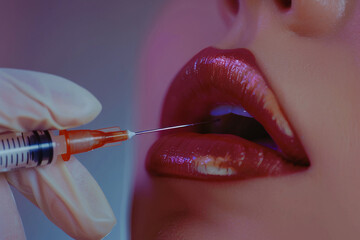 beauty and lips augmentation concept, beautician hand with syringe and female lips