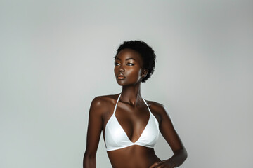 Beautiful african female model in white bikini over white