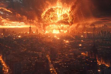 An artwork depicting the aftermath of a nuclear war, with a city destroyed by a nuclear bomb explosion. The image showcases a post-apocalyptic scene with dark and devastating atmosphere.