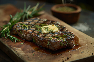 Juicy Medium Rare Steak with Herb Butter on Rustic Wooden Board