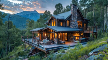Luxurious Mountain Cabin at Dusk with Warm Lights