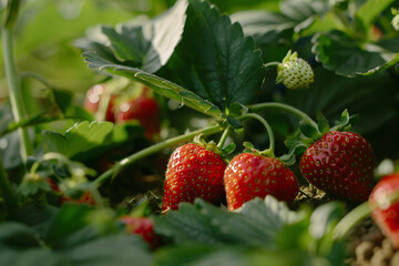 close up of strawberry growing in the summer garden