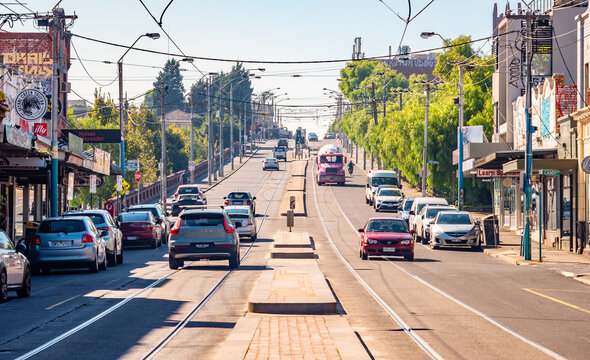 Northcote, Victoria, Australia, April 22nd, 2024: A view along High Street, Northcote from an area called The Westgarth Village, towards Ruckers Hill