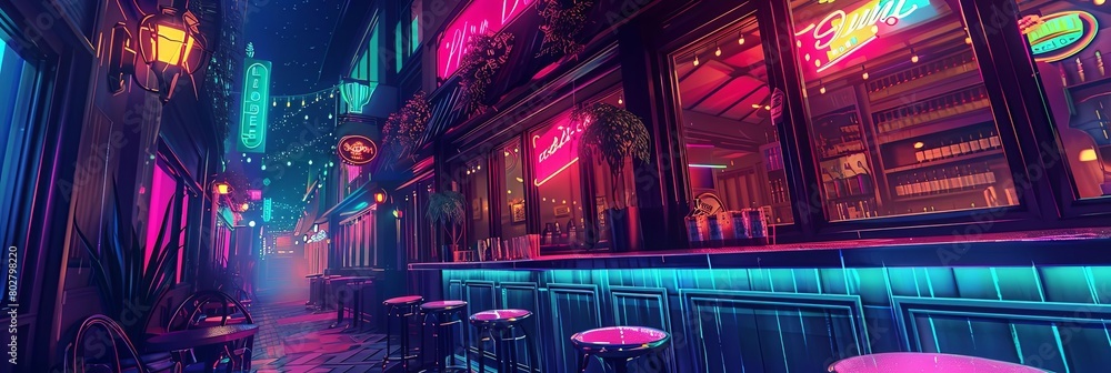 Poster neon lights illuminate a bar with stools and a round table, set against a backdrop of a building an