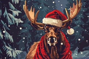 A moose dressed in a Santa hat and scarf, perfect for holiday designs