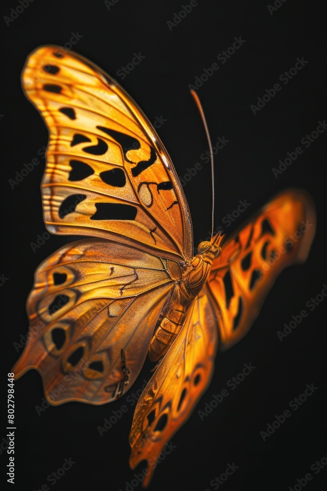 Poster a detailed view of a butterfly against a dark backdrop. suitable for various design projects
