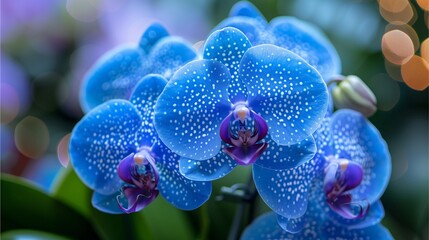Blue Writers' Orchid, A large group of blue and purple speckled orchids with green leaves in the...