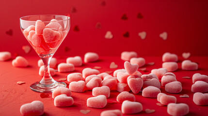 Tasty heartshaped candies and glass for Valentines Day