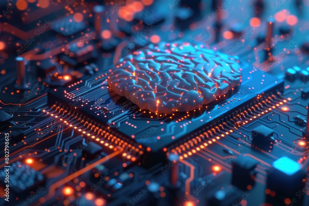 Poster a brain on top of a computer chip, suitable for technology concepts