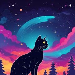 Naklejka premium Abstract illustration with A mystical Night wild forest landscape. Black Cat and Full Moon under Night Sky