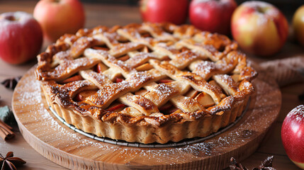 Tasty homemade apple pie on wooden board closeup