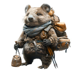 A 3D animated cartoon render of a friendly wombat guiding lost hikers back to the trail.