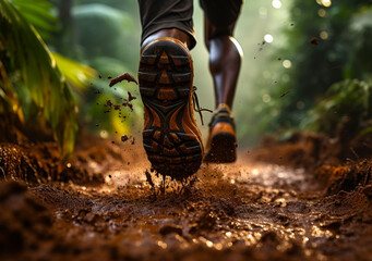 Closeup Runner's Feet on Dirt Trail in Lush Jungle Environment, Athletic Apparel, Outdoor Exercise, Healthy Lifestyle
