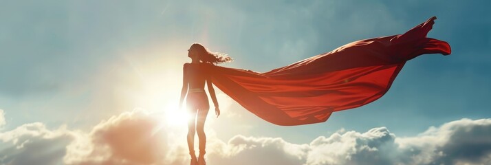 superhero woman flying in dramatic sky