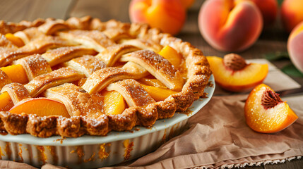Tasty homemade peach pie on table closeup