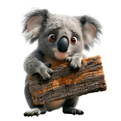 A 3D animated cartoon render of an alert koala with a worried expression alerting a family to an approaching bushfire.