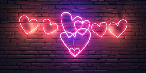 neon light hearts and dark brick stone background for love and valentines day