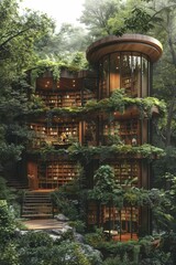 Imagine a serene oasis atop a vibrant forest canopy—an eco-friendly floating library with green shelves, basking in natural light.